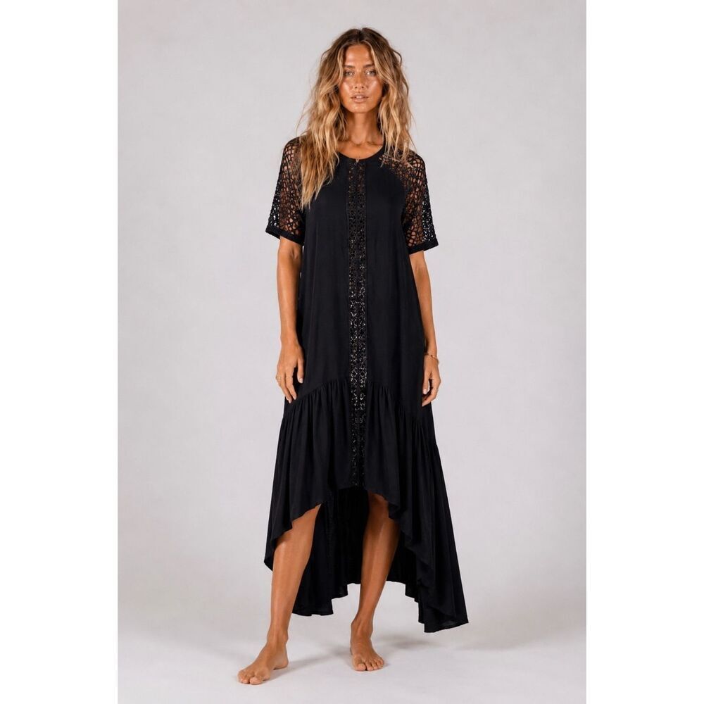 Three Of Something Parallax Hi Lo Dress Black Lace Crochet Midi Small